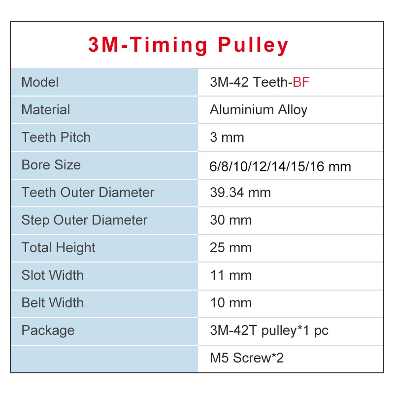 Timing Pulley 3M-42T BF shape Bore 6/8/10/12/14/15/16 mm Aluminum Material Slot Width 11mm For 10mm 3M-Timing Belt | Обустройство