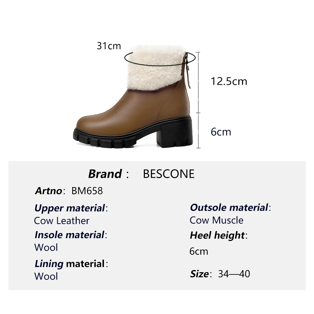

Bescone Fur Wool Winter Warm Ankle Boots Woman Genuine Leather Round Toe High Sqaure Heel Zipper Short Boots BM658