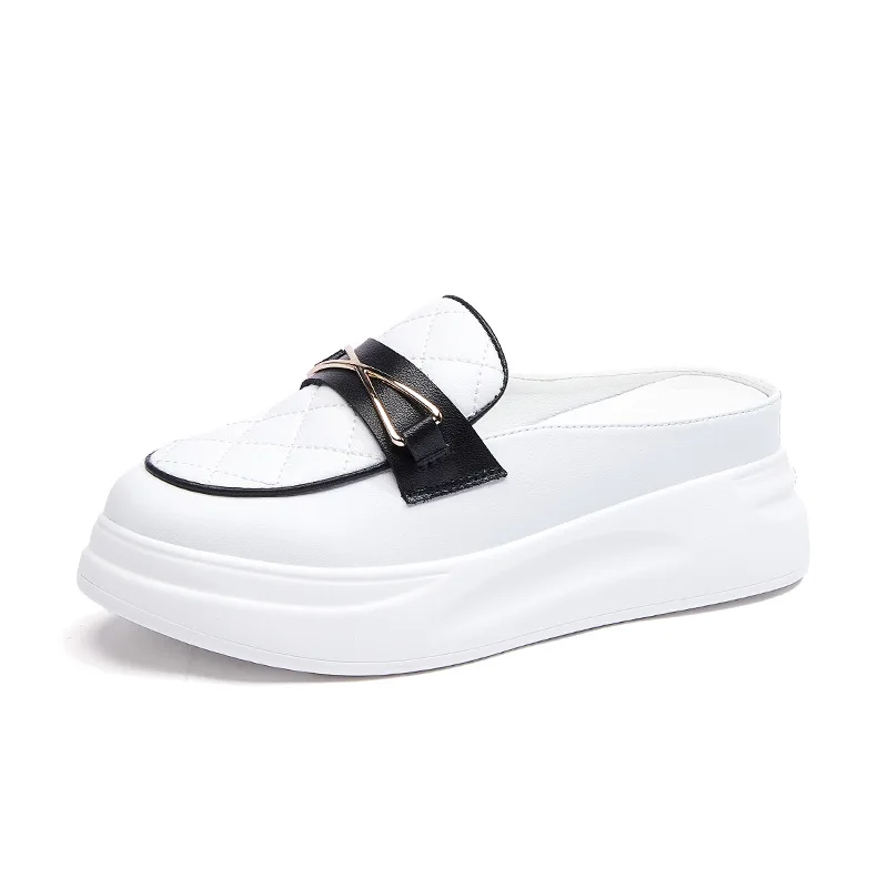 2022 Summer New Leather Thick-soled Increased Semi-slippers Women Lazy Pedal Sandals Women's Casual Loafers Shoes Woman