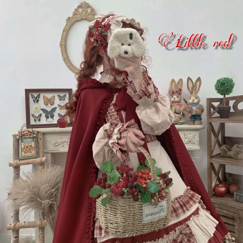 

Japanese JSK Lolita Dress Little Red Riding Hood Long sleeve Bowknot Carousel lolita Cosplay Dress Maid Costume Dresses