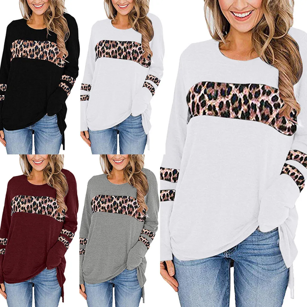 JAYCOSIN Long Sleeve T Shirt Women O-Neck Casual Leopard Print Split High Low Tunic Loose tshirt Tops Tee harajuku | Женская одежда