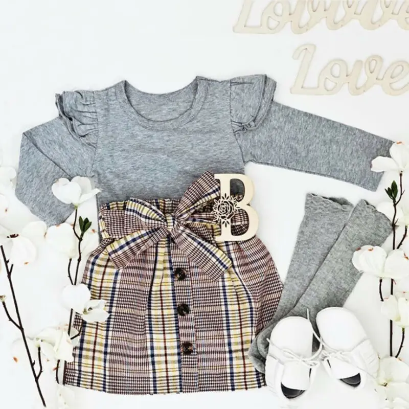 Baby Girl Clothes Girls Warm Fly-Sleeve Long Sleeve Tops Toddler Bow Plaid Skirt Kids Outfit Autumn Winter 2PCS Set