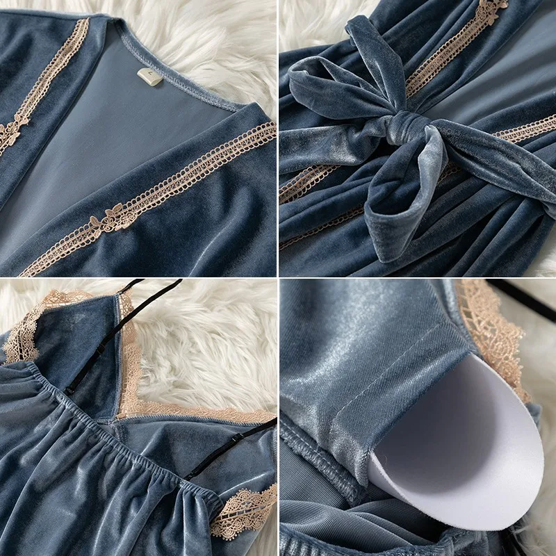 Пижамный комплект Женский из 3 предметов мягкая велюровая ночная рубашка кимоно