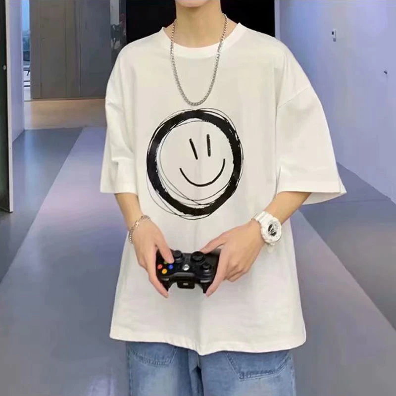 Spring Summer Smiley Face Print T-Shirt Fresh Simple Style Fashion Street Crew Neck Clothes Hip Hop Harajuku Couples Streetwear aolamegs men s t shirt patchwork color high street style cozy harajuku hip hop print oversize o neck fashion streetwear summer