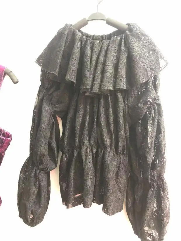 

SuperAen New Design Lace Pleated Puff Sleeve Peter Pan Collar Solid Blouse Women Tops