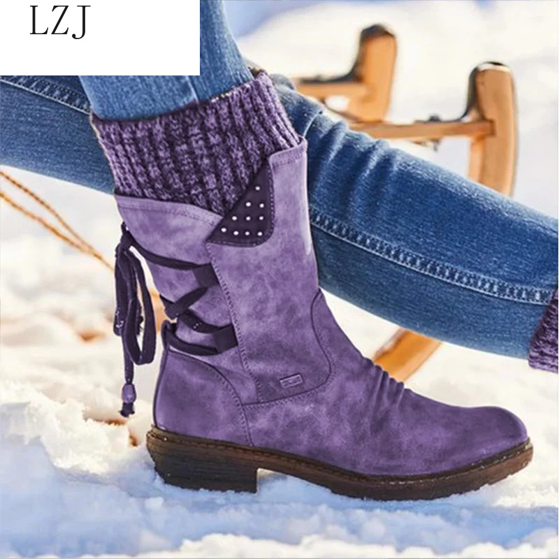 Женские зимние сапоги до середины икры зимняя обувь из флока женские модные