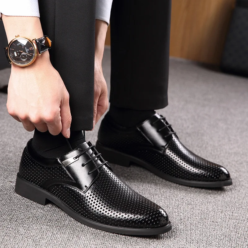 

New Summer Genuine Leather Men Oxford Shoes Elegant Pointed Toe Hollow Breathable Black Leather Men Dress Shoes