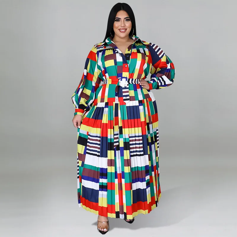 

2021 Autumn Women Shirt Dress Plus Size Female Long Sleeve Striped Geometric Print African Dresses Pleated Maxi Long Dress