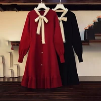 long sleeve ruffles knitted dresses women korean bowknot collar plus size 4xl dress vintage redblack knitwear a line dresses
