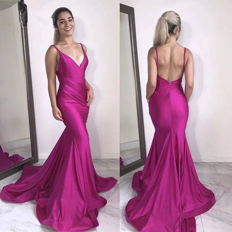 

Fuchsia V-Neck Spaghetti Straps Backless Mermaid Evening Dresses Open Back Silk Satin Sweep Train Evening Dresses