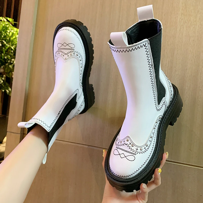 

Mid-Calf Boots 2021 Women's Boots Autumn New Round Toe Slim Patchwork Platform Chunky Heels Boots Black Mid Heels Shoes