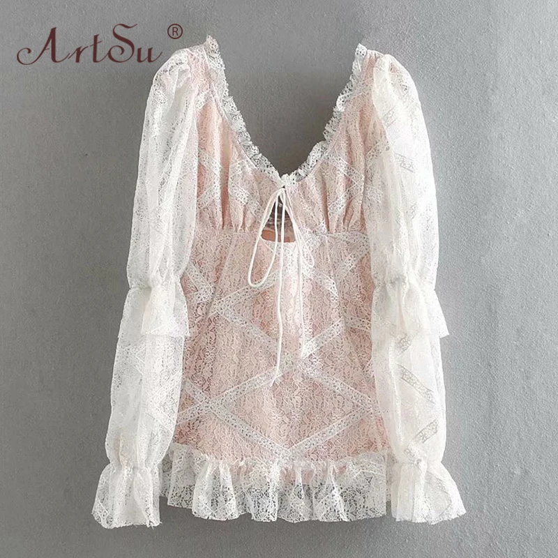 

ArtSu Fashion White Party Lace Dress V Neck Hollow Out Sexy Cross Bandage Dress Women Long Sleeve Ruffles Lace Up Crystal Robe