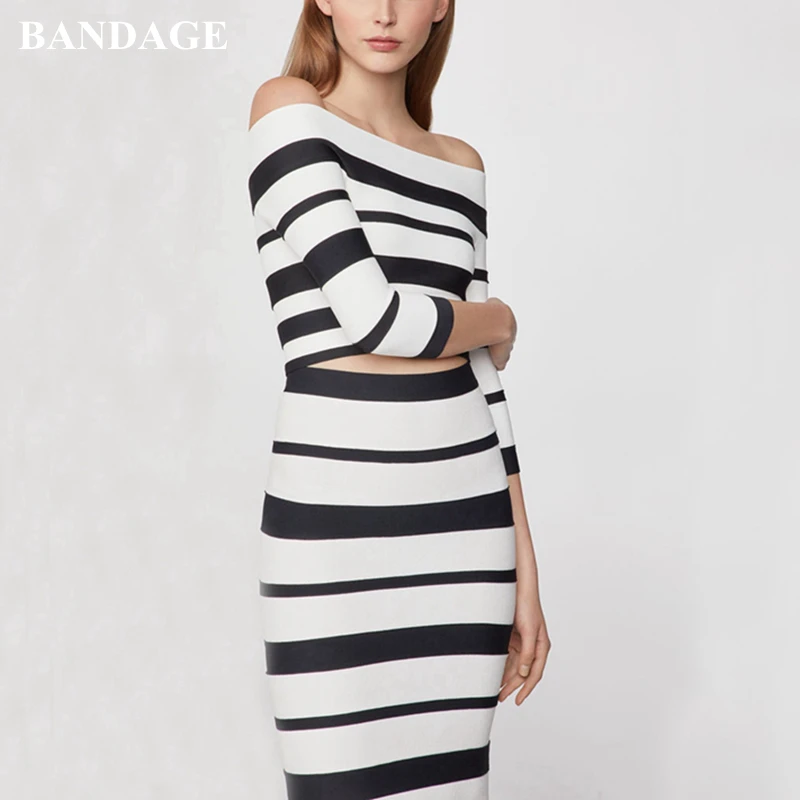 Женский бандажный Костюм-двойка черно-белый облегающий костюм в полоску с