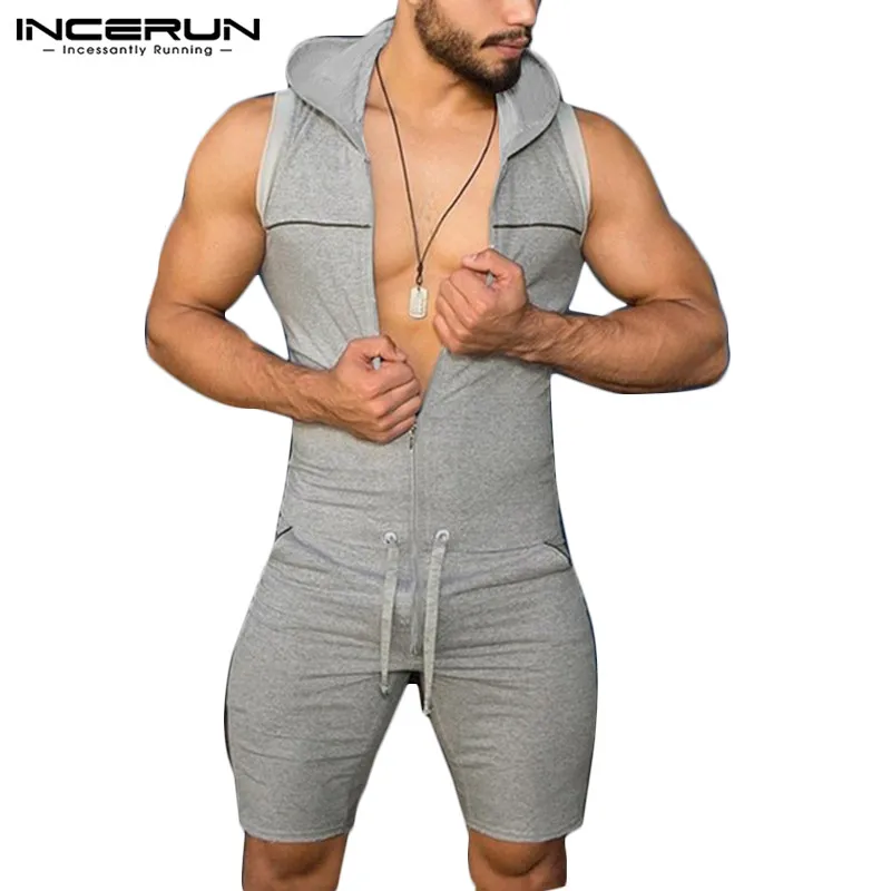 

INCERUN Fashion Men Rompers Solid Hooded Bodybuilding Workout Joggers Casual Zipper Shorts Sleeveless Mens Jumpsuits Overalls