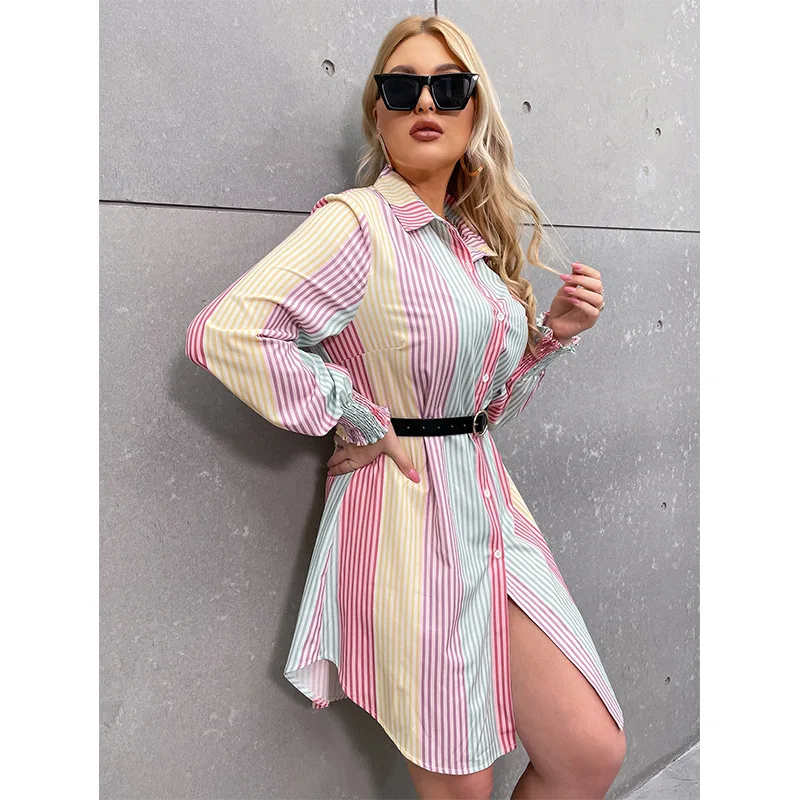 

Women Mini Dress Shirt Lapel Loose Long Sleeve Single Breasted Button Striped Shirt Dresses Mini Fashion Casual