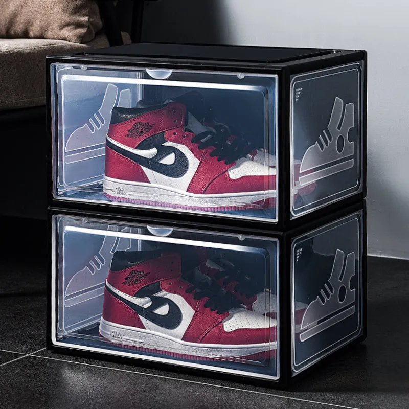 

2pcs AJ Sneakers Box Sliding Plastic Shoes Box Stackable Display Cabinet Storage Box Detachable Dustproof AJShoe Rack Organizer