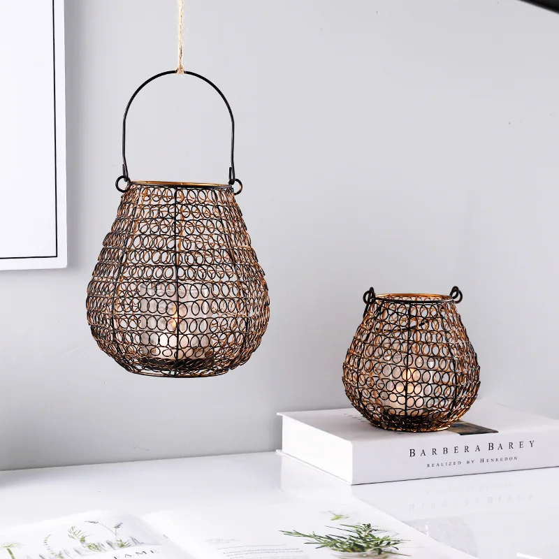 

American Black Bamboo Wrought Iron Candlestick Nordic Retro Living Room Home Can Hang Oil Lamp Desktop Decoration CandleHolders