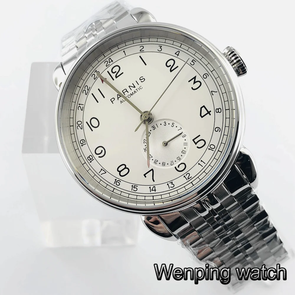 Мужские автоматические механические часы Parnis 42 мм серебристые деловые из
