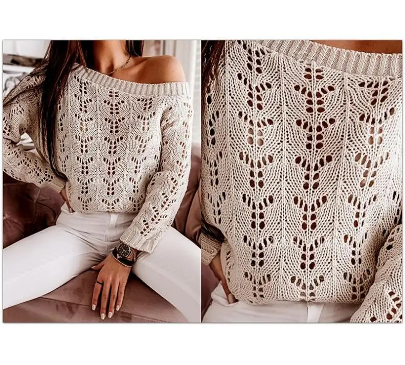 

Solid Sexy Off Shoulder Knitted Sweater Autumn Long Sleeve Sweaters Jumper Women Casual Loose Hollow Out Pullover Tops Knitwear
