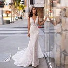 Изысканное кружевное свадебное платье Verngo с аппликацией в виде русалки, V-образный вырез, V-образный вырез, пуговицы сзади, со шлейфом, модель 2021 изящные свадебные платья