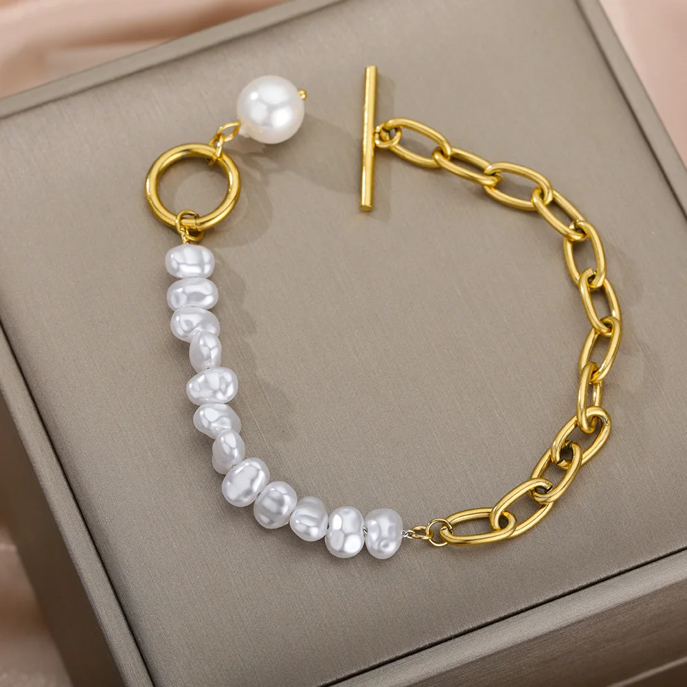 

Elegant Imitation Pearl Toggle-Clasps Chain Bracelet For Women Fashion Asymmetric Chain Bangles Bracelets Charm Beads Jewelry