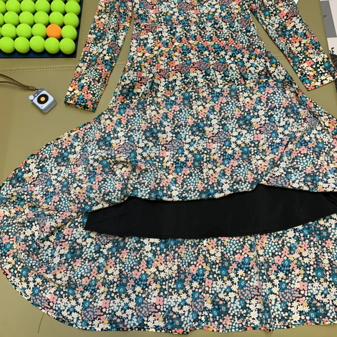 

2021 new women fashion long sleeve lapel bow bow floral print silk midi dress 0322