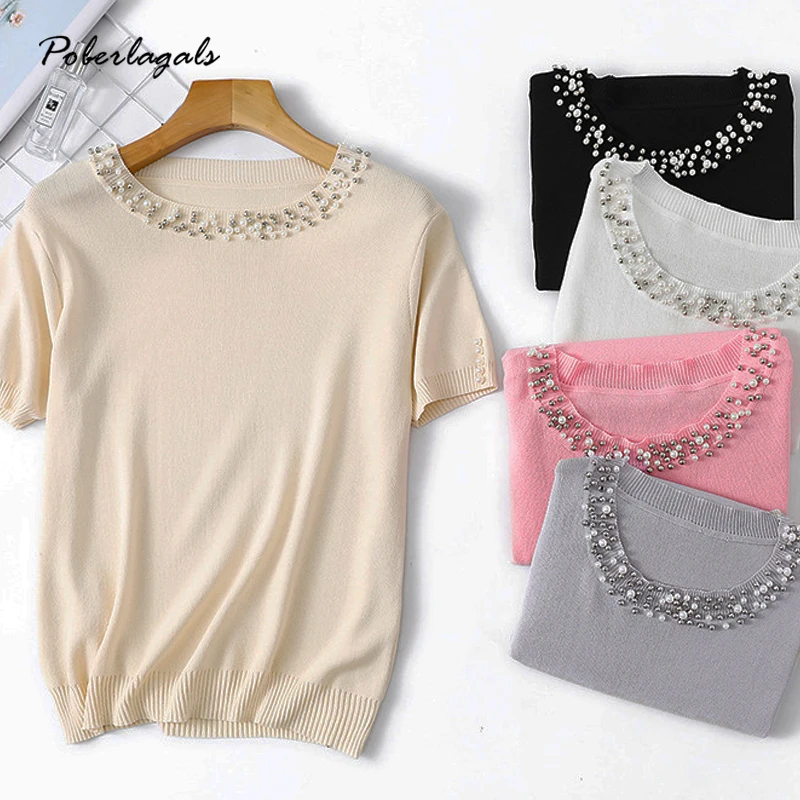 

New knitted Slim t-shirt Women o-neck Knitted Solid color beaded T Shirt Female All-match Basic short Sleeve Tops Clothing