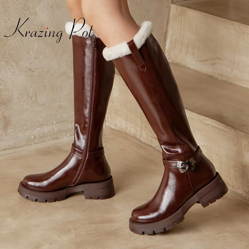 

krazing pot cow split leather round toe med heel rabbit fur Korean street beauty girls daily wear fashion thigh high boots L86