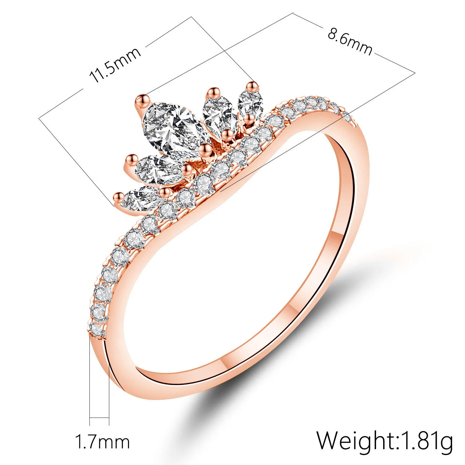 Кольцо женское из розового золота с короной и цирконом | Украшения аксессуары