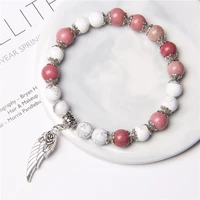 natural rose pink quartz rhodochrosite gem stone beads charm bracelet for women fashion metal wing charm bracelets jewelry gifts