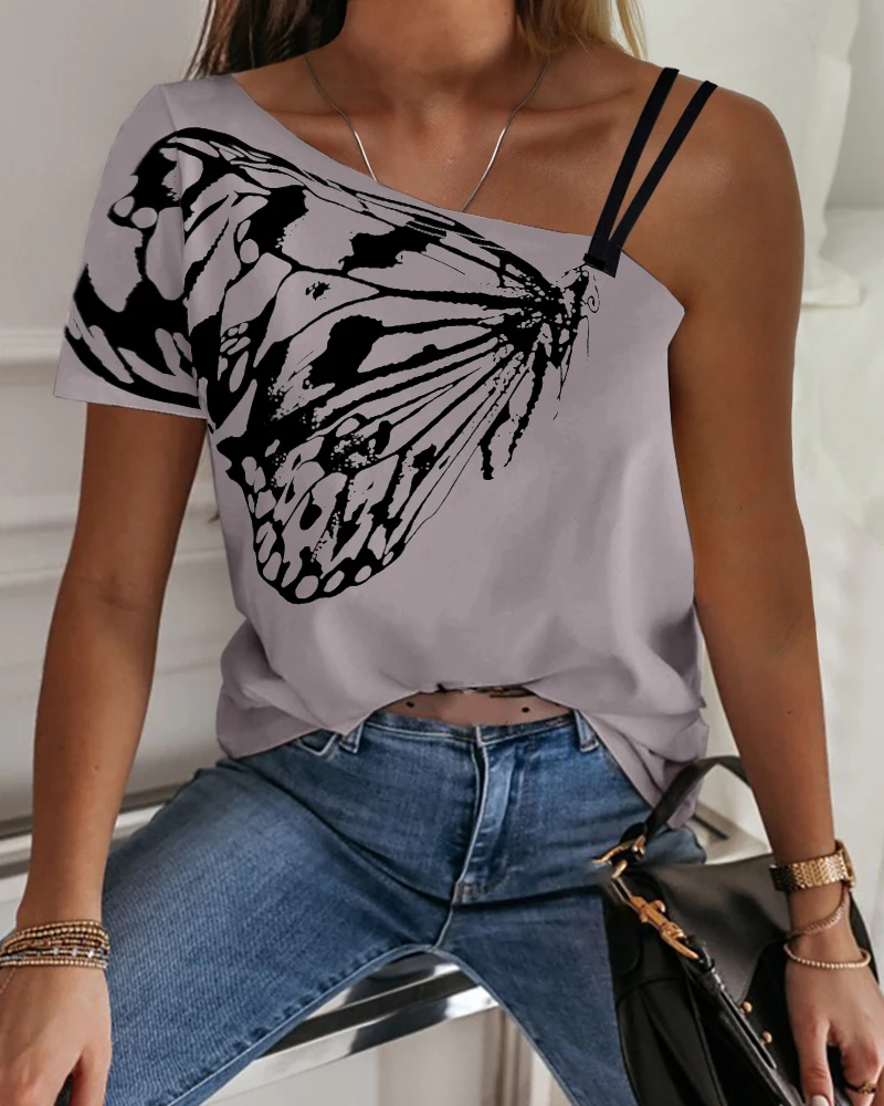 

Summer Women Fashion Plus size Casual Tshirts Summer Tee Tops Oversize Tee-Shirts One Shoulder Butterfly Print 2XL 3XLT-shirt