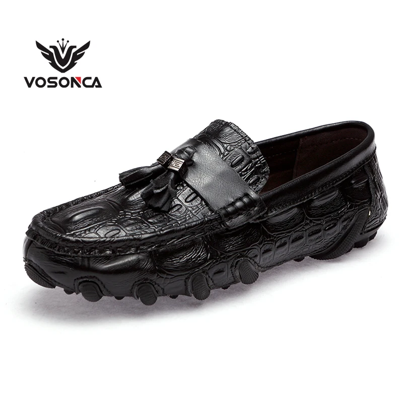 Мужские повседневные Лоферы Vosonca черные мокасины из натуральной кожи с узором