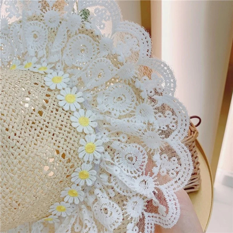 

Parent-child Summer New Women's Sun Hat Bucket Cap Princess Lace Flowers Flat Top Straw Woven Girls Hat Beach Caps Panama