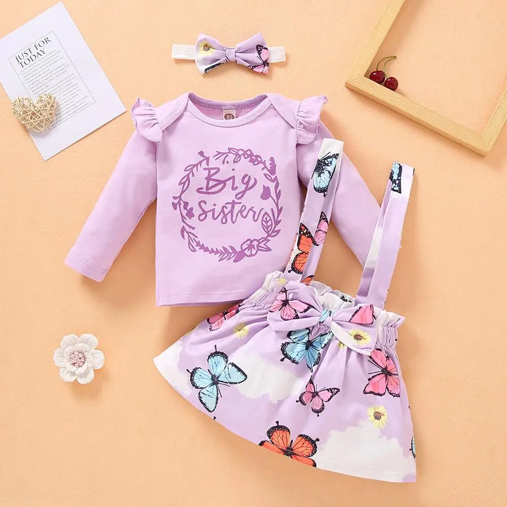 Newborn 3 Month Baby Girl Clothes Fall Light Purple Infant Long Sleeve Romper Floral Print Suspender Skirt | Детская одежда и