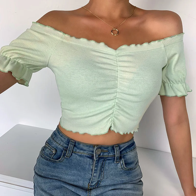

Sexy solid color pleated T-shirt women's shoulder slim short T-shirt