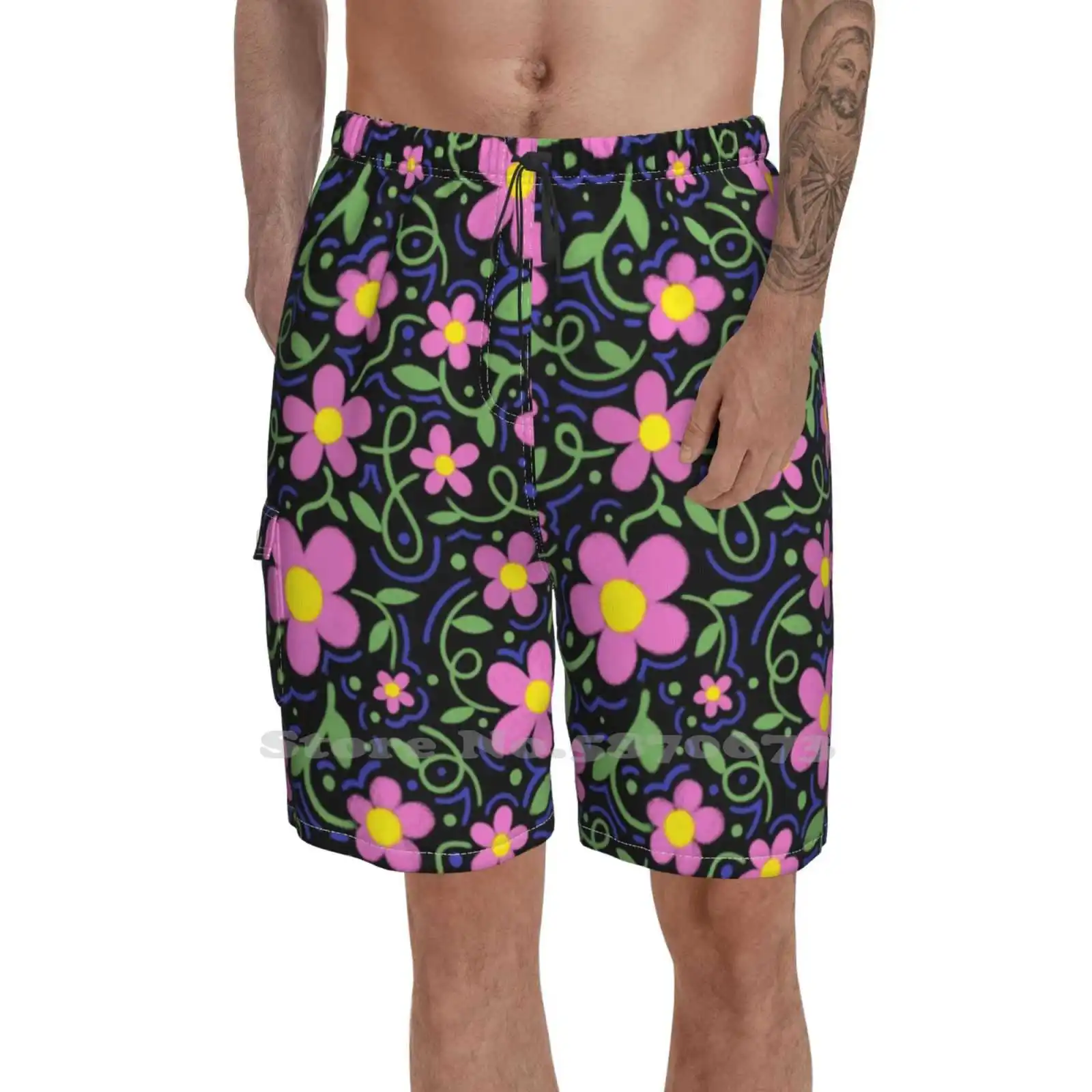 

Pink Flower Pattern Quick Dry Beach Shorts Flowers Pattern Floral Vine Nature