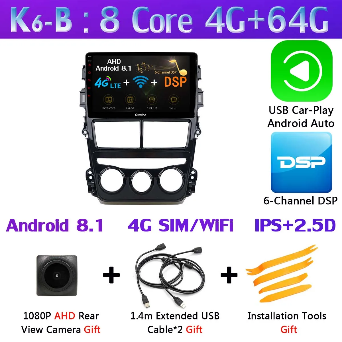 K6-B-CarPlay Панорамная камера 360 ° Android 9,0 Восьмиядерный 4G+ 64G DSP CarPlay Автомобильный плеер для Toyota Yaris Vios MT на gps радио - Цвет: K6-B-CarPlay