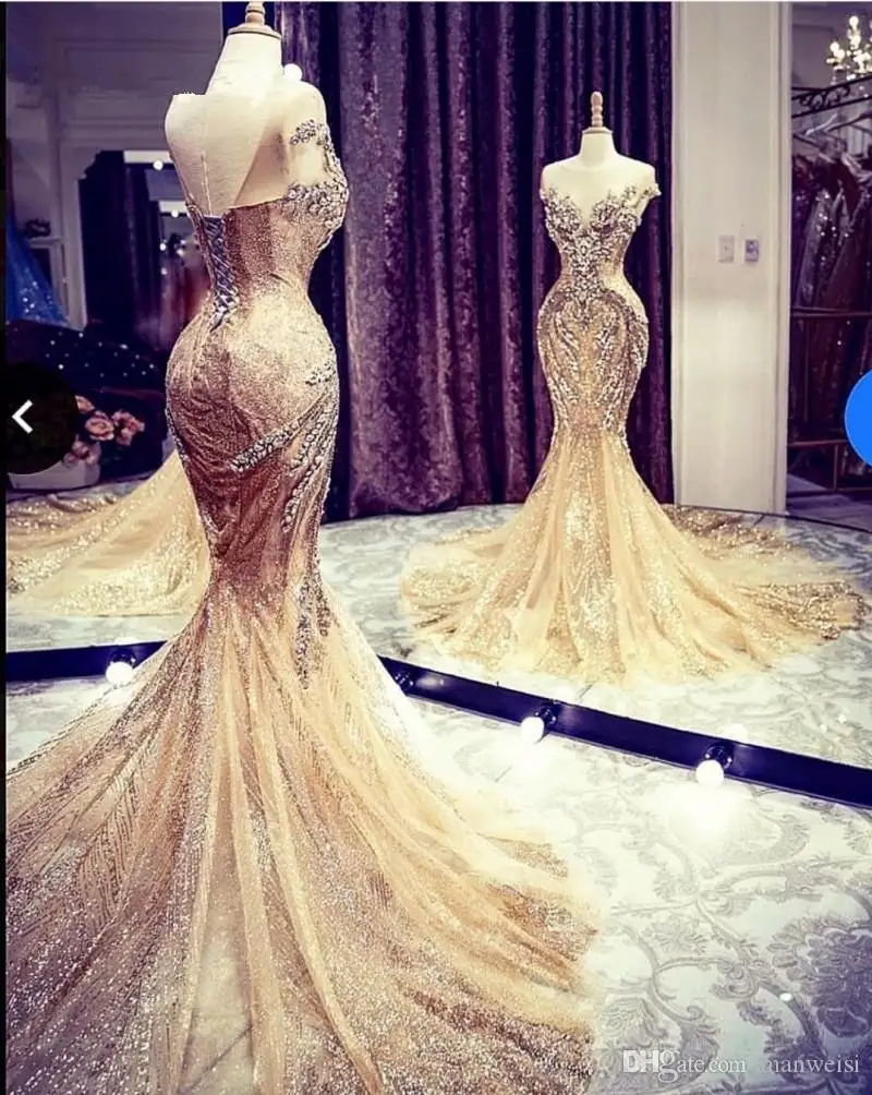 2021 Gold Prom Dresses Mermaid African Evening Gowns Sheer Jewel Beaded Backless Modest Formal Party Special Occasion Dress
