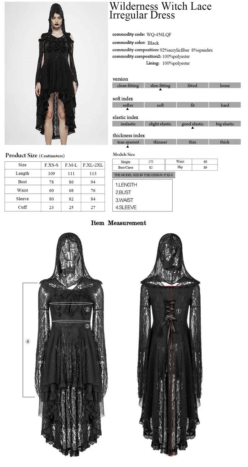 

Classic Mesh Sexy Off Shoulder Long Sleeve Hooded Dress Gorgeous Wilderness Witch Lace Irregular Women Dress PUNK RAVE WQ-456LQF