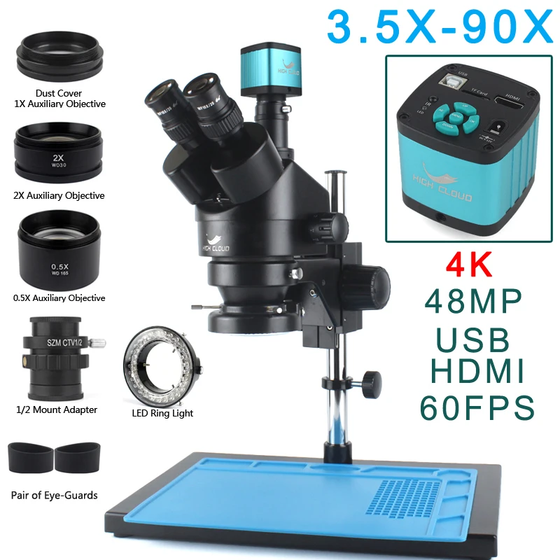 

48MP 4K 2K HDMI USB VGA Microscopio Camera 3.5X-90X Simul-Focal Trinocular Stereo Microscope Soldering PCB Jewelry Repair Kit