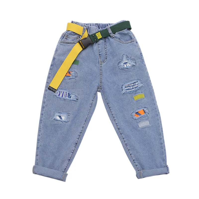 

New Fashion Children's Ripped Jeans for Girls Kids Casual Denim Trousers with Belt Teen Girl Pants For Age 4 5 7 9 11 13 Years