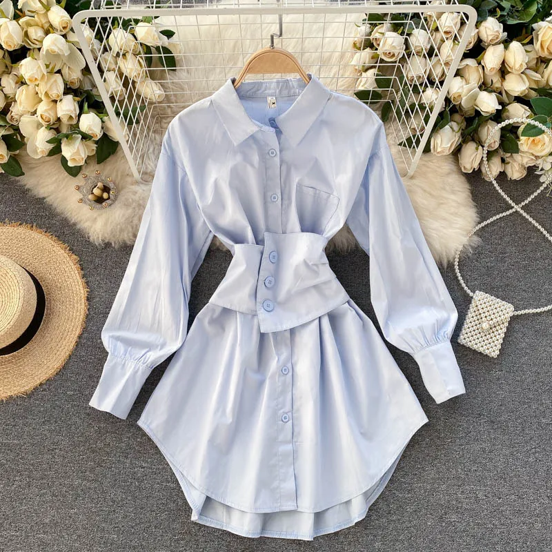 

Retro fashion design sense thin long-sleeved waist waist shirt dress two-piece suit