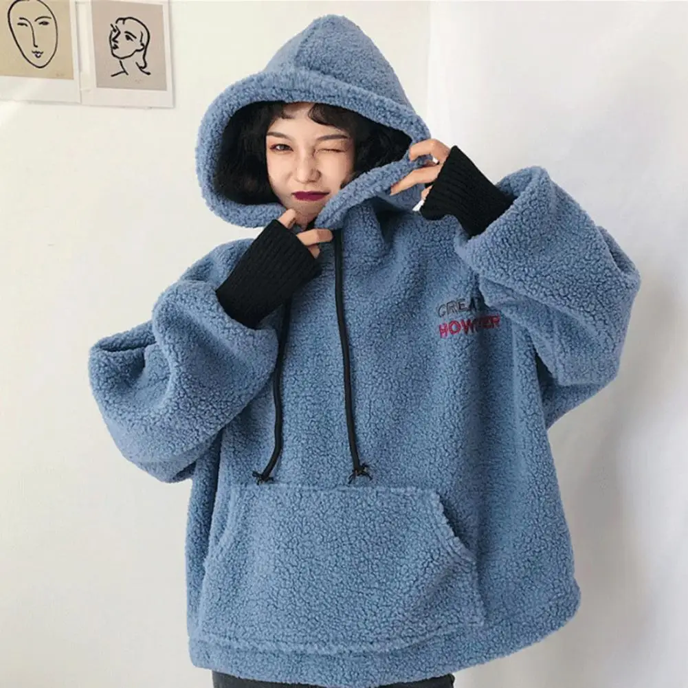 New Autumn Winter Thick Warm Coat Faux Fleece  Women Hoody Sweatshirt Solid Blue white Pullover Casual Tops Lady Loose