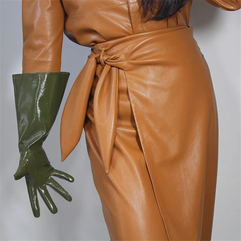 

Patent Leather Long Gloves 38cm Large Sleeve Princess Wide Cuff Simulation Leather Unisex Male Female Army Green PU160