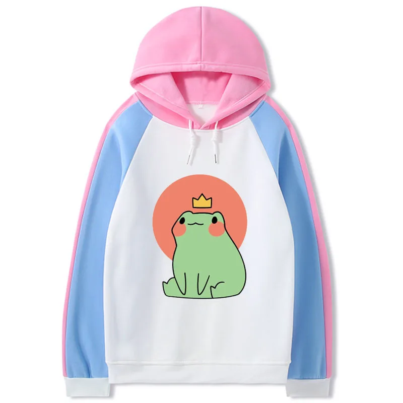 

2021 New Kpop Frog Hoodie Women's Loose Color Block Korean Casual Sweatshirt Unisex Streetwear Harajuku Girl Oversize Tee Tops