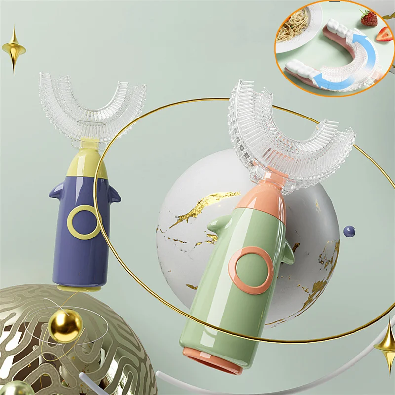 

U-образная детская зубная щетка 1-12 лет, детская зубная щетка для ухода за полостью рта, чистящая щетка 360 градусов, Силиконовая зубная отбели...