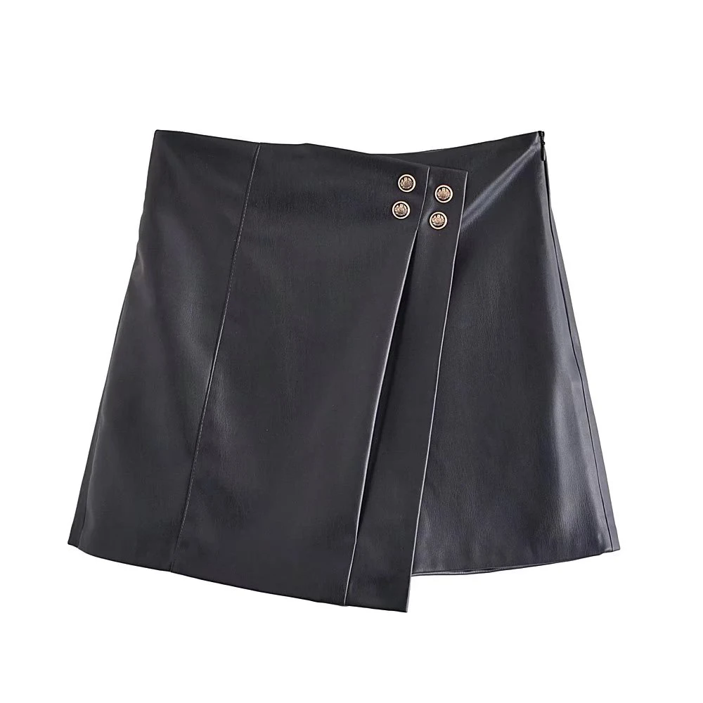 

XIKOM 2021 Autumn Black Leather Skirt Women Asymmetrical Slim High Waisted Skir High Street Vintage Shorts Skirt Women