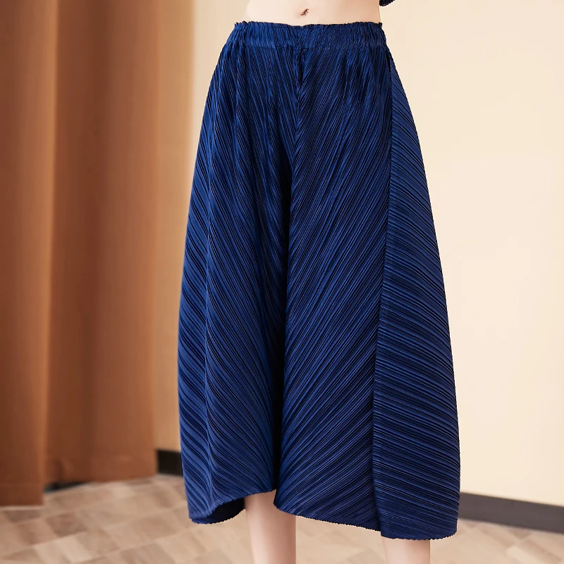 Woman Pants Plus Size Summer New Stretch Miyake Pleated Solid Color Elastic Waist Loose Casual Wide Leg Pants Female