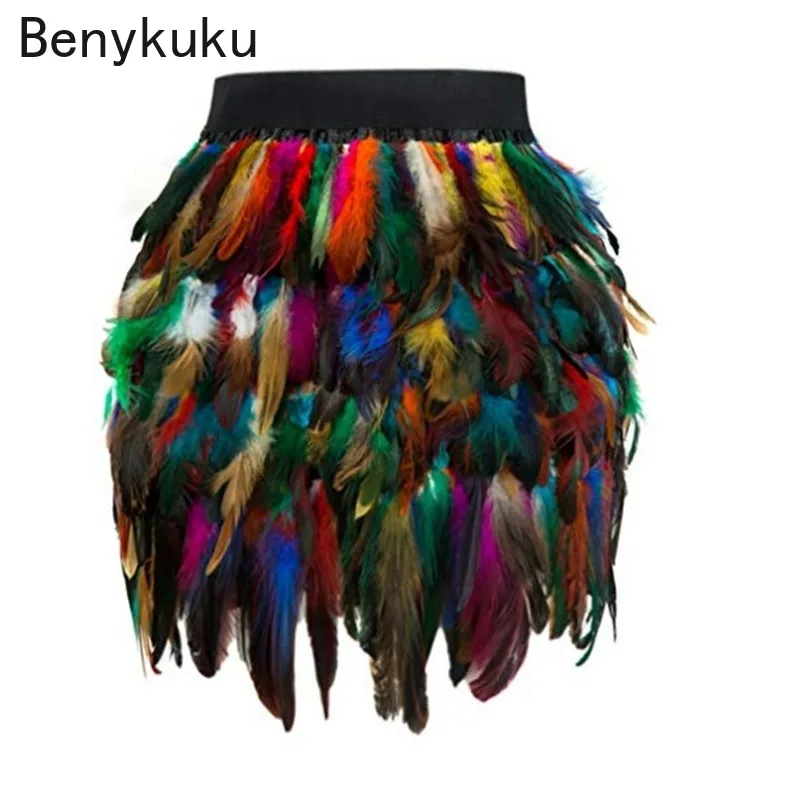 

Luxury Peacock Feather Mini Skirts Womens High Waist Casual Elastic DS Stage Costume Jazz Dance Party Performance Ladies Skirt