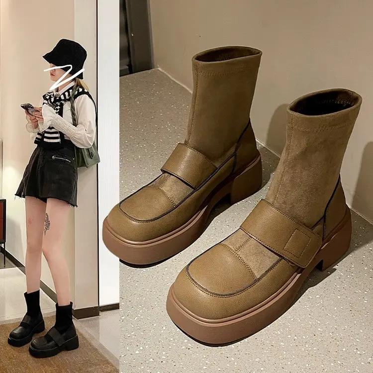 

2021 Модные женские дизайнерские ботинки, кожаные женские ботинки на платформе и каблуке, однотонная Осенняя обувь с круглым носком, женские ...